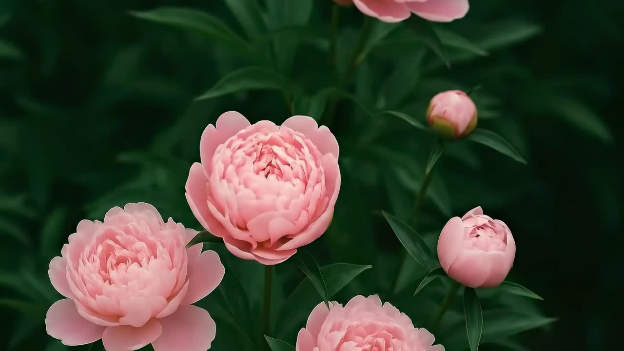 Vidéo en gros plan de pivoines roses en fleurs, capturées en contre-plongée, présentant des pétales éclatants