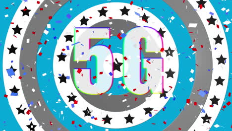 digital animation of confetti falling and 5g text over stars on spinning circles on blue background