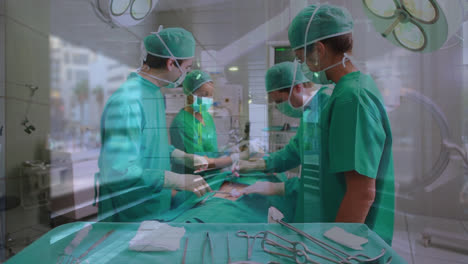 animación de time-lapse con personas que caminan sobre el equipo de cirujanos caucásicos durante la operación