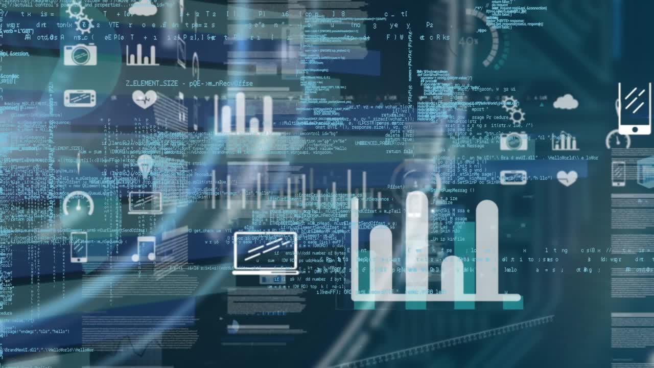 Animasjon av flere skjermer med databehandling mot blå bakgrunn