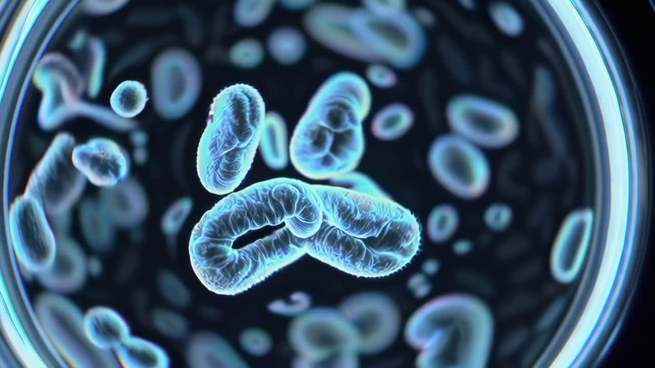 Microscopic View of Blue Glowing Microorganisms