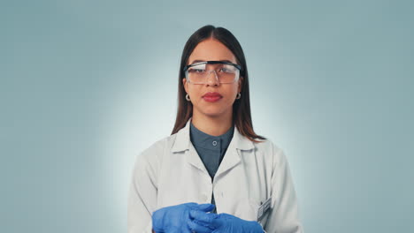 Scientist-woman,-hand-and-choice-in-studio