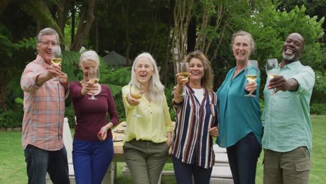 animation of diverse happy senior female and male friends toasting with wine in garden