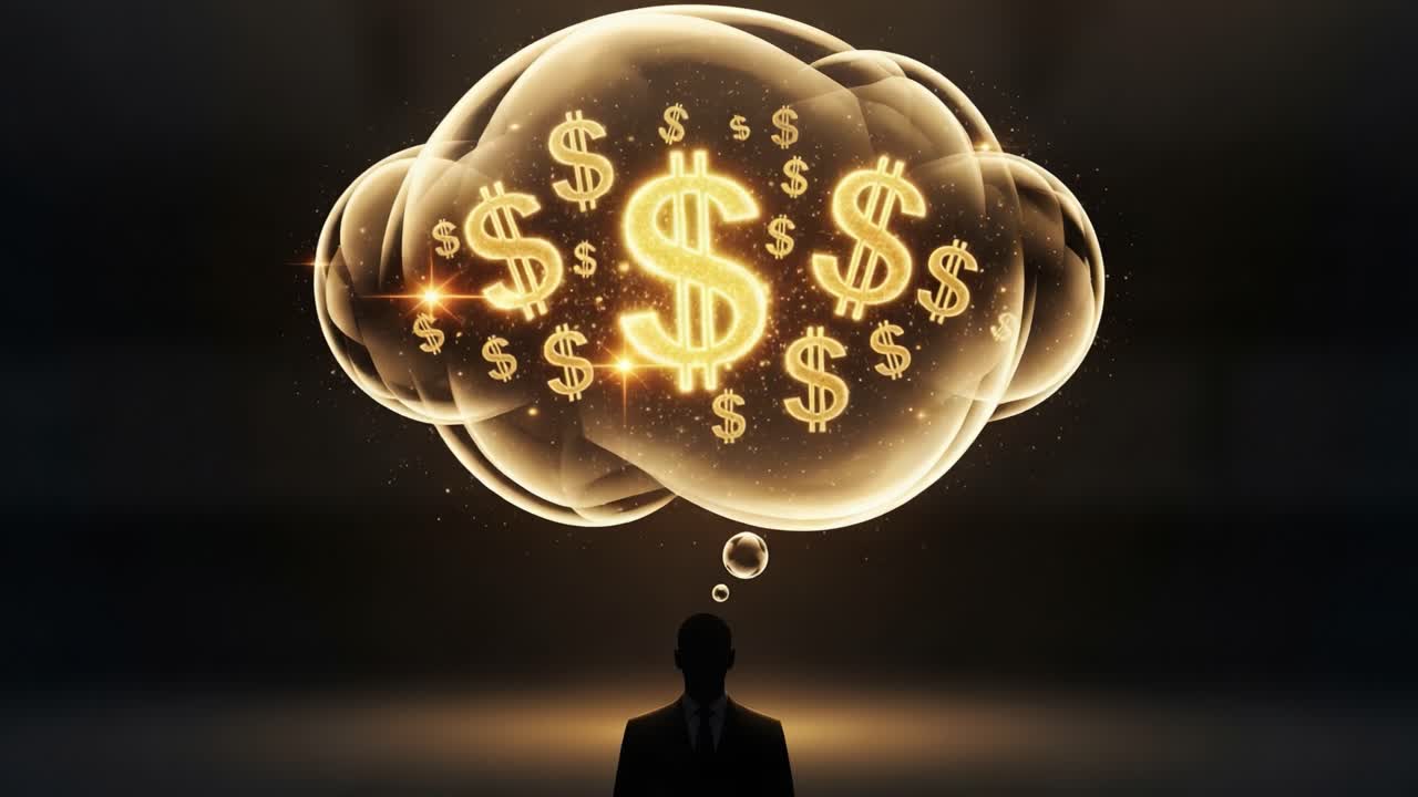 A Contemplative Figure Lost in Thought Surrounded by a Glowing Bubble Filled with Illuminated Dollar Symbols, Reflecting on Wealth and Prosperity