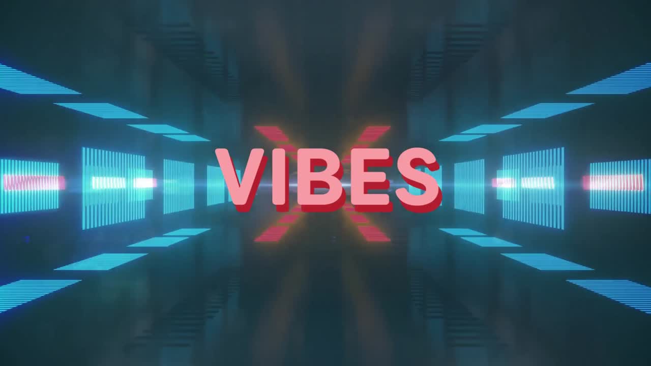 Digital animation of vibes text and abstract shapes against neon glowing tunnel