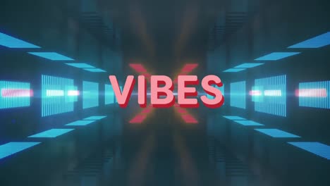 digital animation of vibes text and abstract shapes against neon glowing tunnel