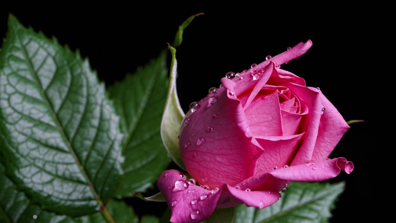 Video ravvicinato di una rosa rosa con gocce di rugiada, ripreso da un angolo laterale