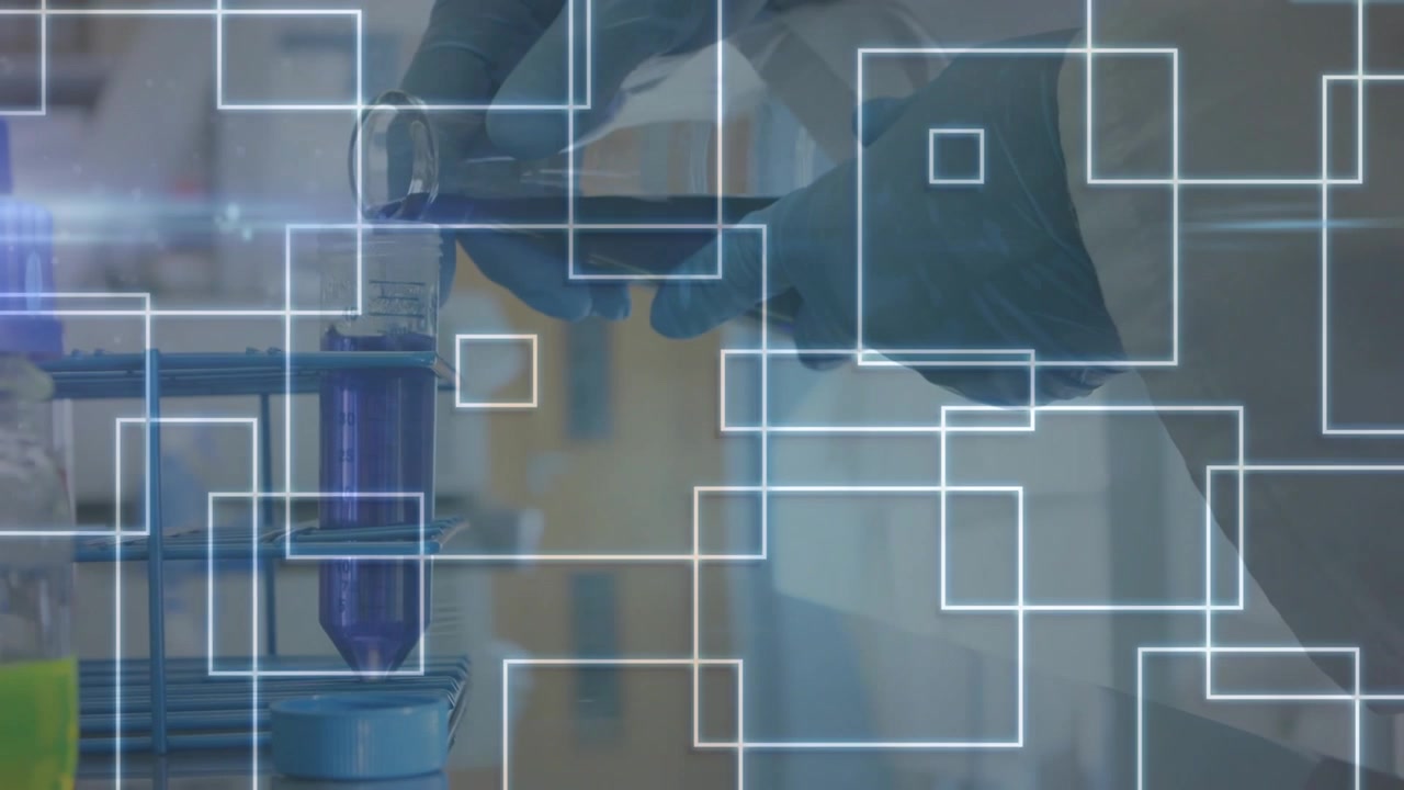 Chemist grasping flask triggers grid overlay pouring purple solution into beaker for analysis