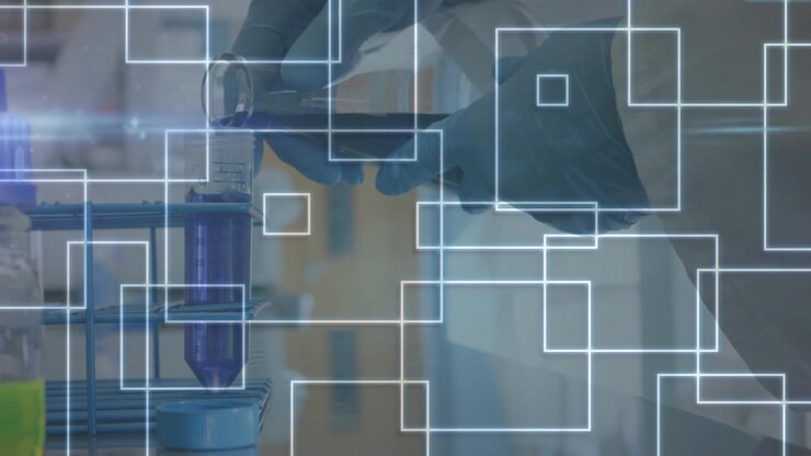 Chemist grasping flask triggers grid overlay pouring purple solution into beaker for analysis