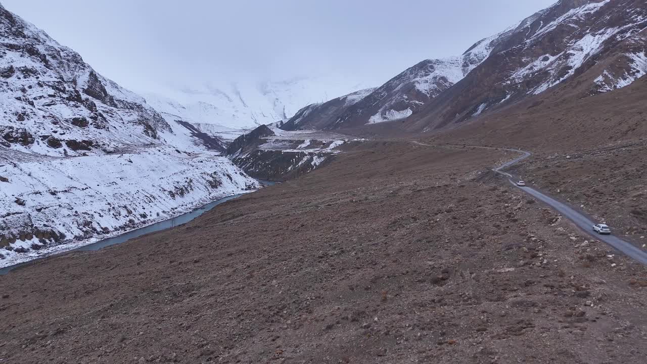 Snowy Mountain Valley with Winding Road