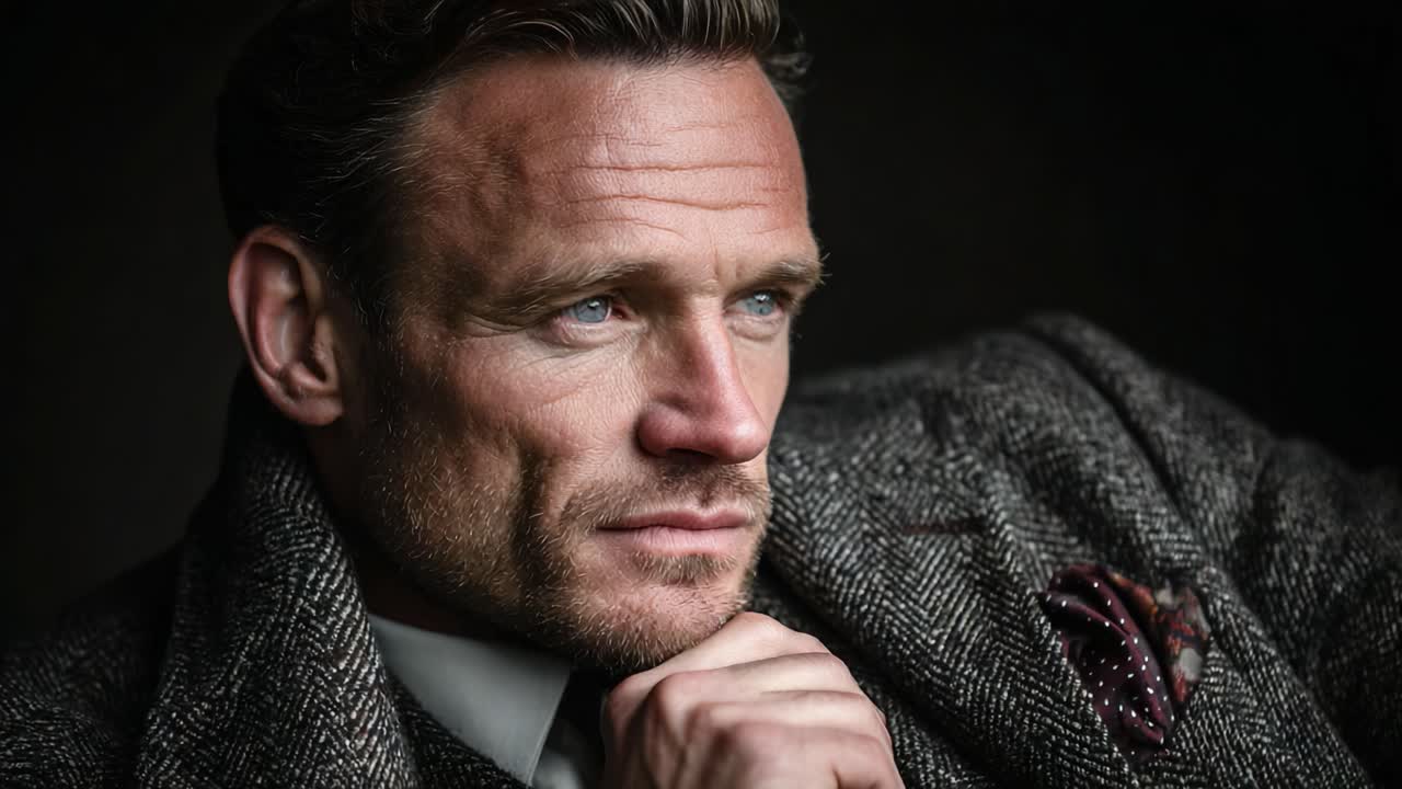 Un ritratto accattivante di un uomo in riflessione profonda, che mostra emozioni intense e un abbigliamento elegante in un ambiente drammatico e con luci soffuse