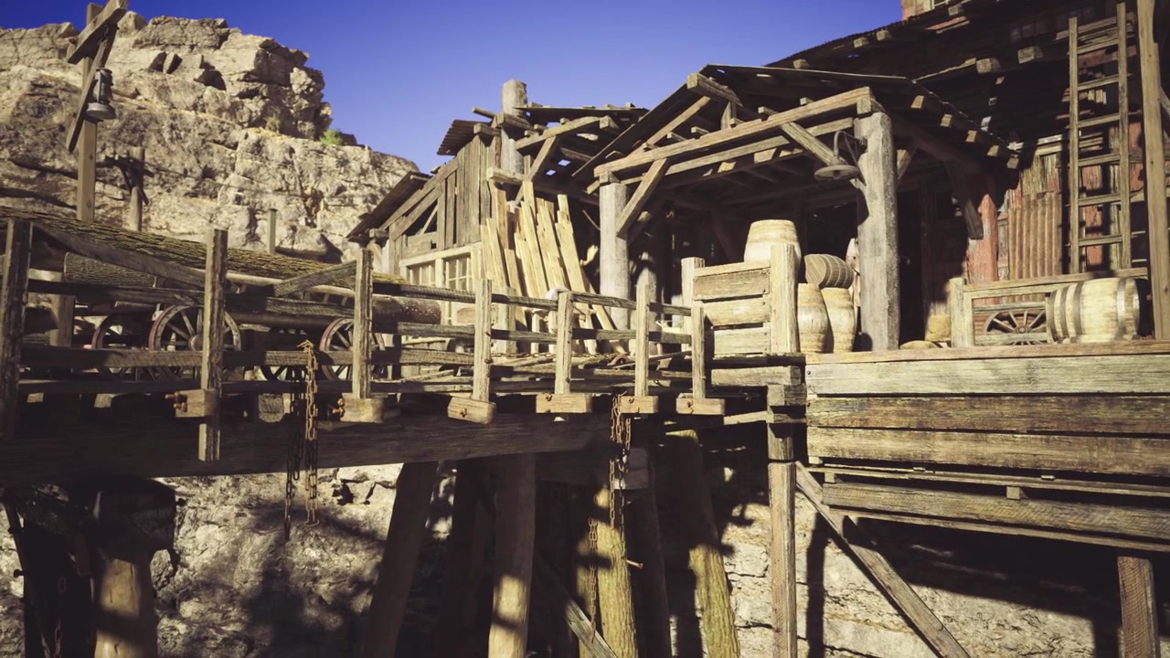 Collega strutture rustiche tramite un ponte sospeso su un canyon luminoso