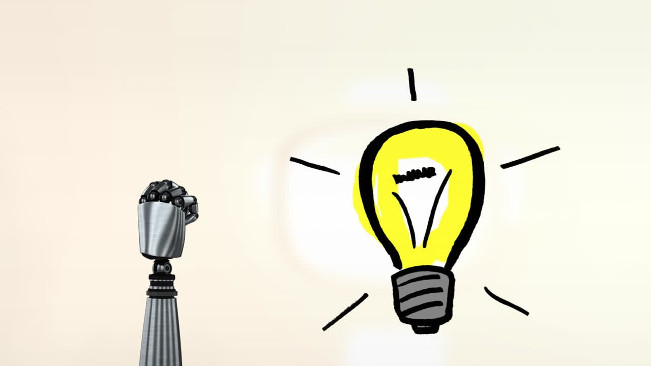 animación de una mano robótica y una bombilla sobre un fondo beige