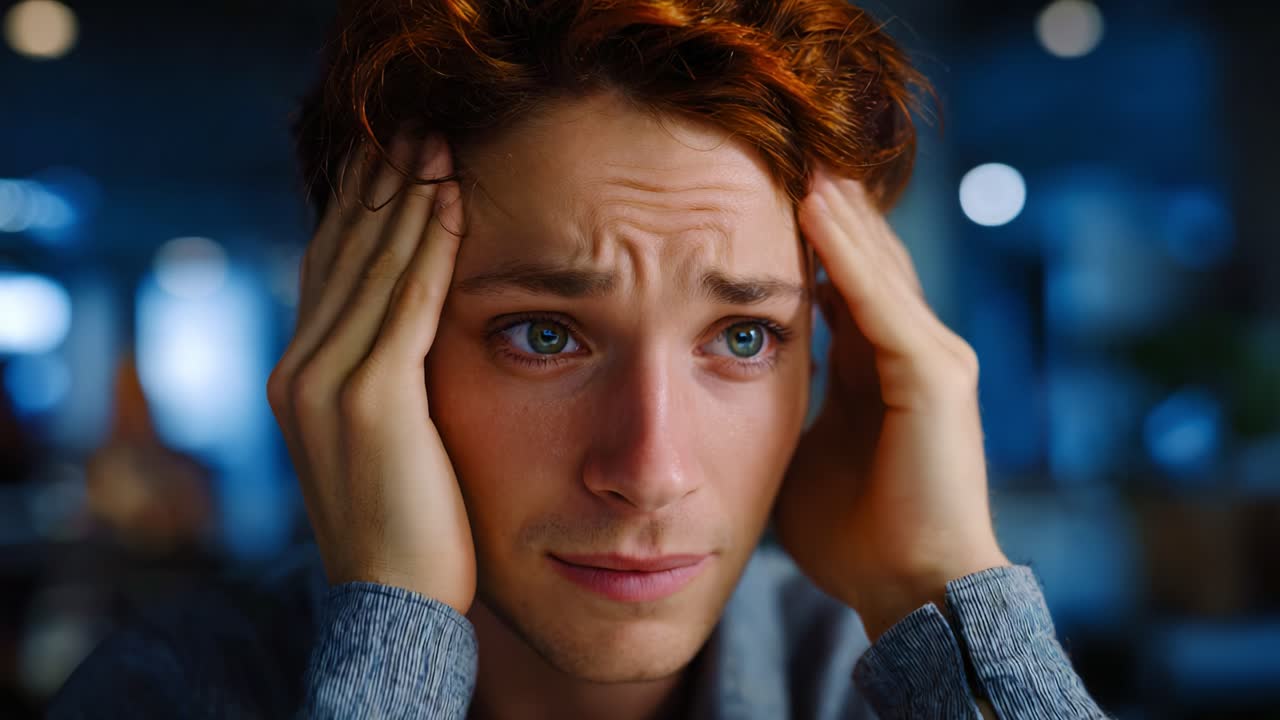 A young man experiences deep emotional distress, gripping his forehead in frustration as he faces an overwhelming situation, highlighting feelings of anxiety and concern