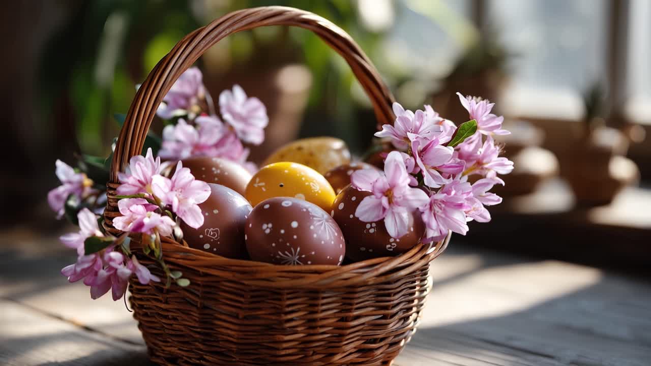 Sunlight falls gently on a wicker basket. Eggs, painted with care, rest among blossoms. Pink flowers frame the basket's rustic handle. Soft focus reveals a window and green plants