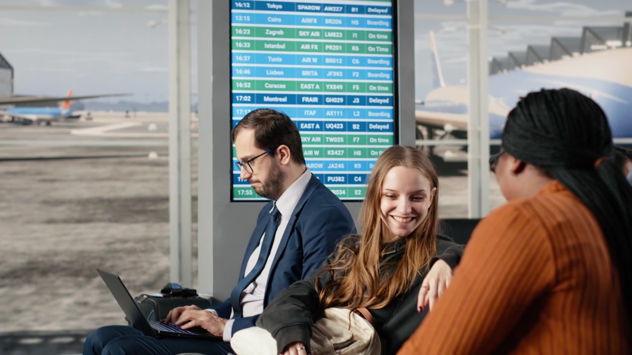 Talking, waiting to catch plane and men with women on chairs in busy airport
