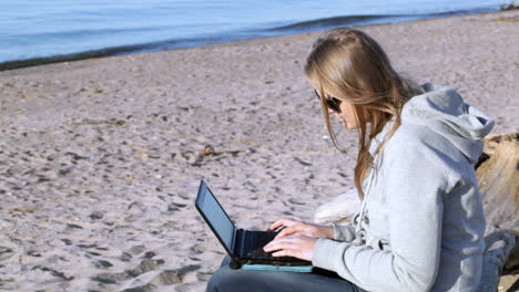 woman in sunglasses using laptop on the beach