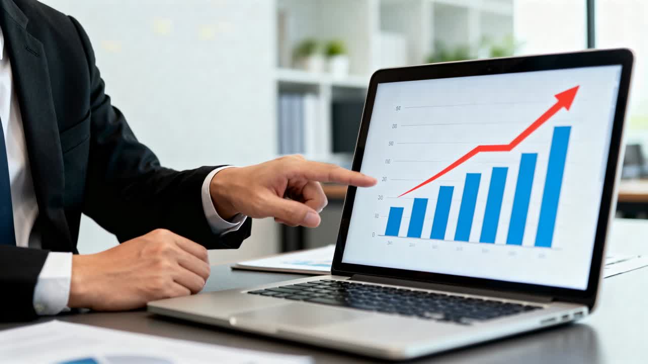 Uomo d'affari in giacca e cravatta che indica e segue un grafico in crescita sul portatile in ufficio, spiegando l'aumento delle vendite.