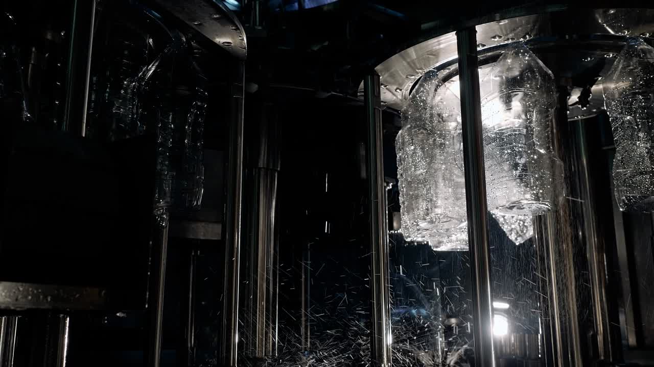 esterilización limpia de botellas de plástico en la tienda de la fábrica de producción en la oscuridad.