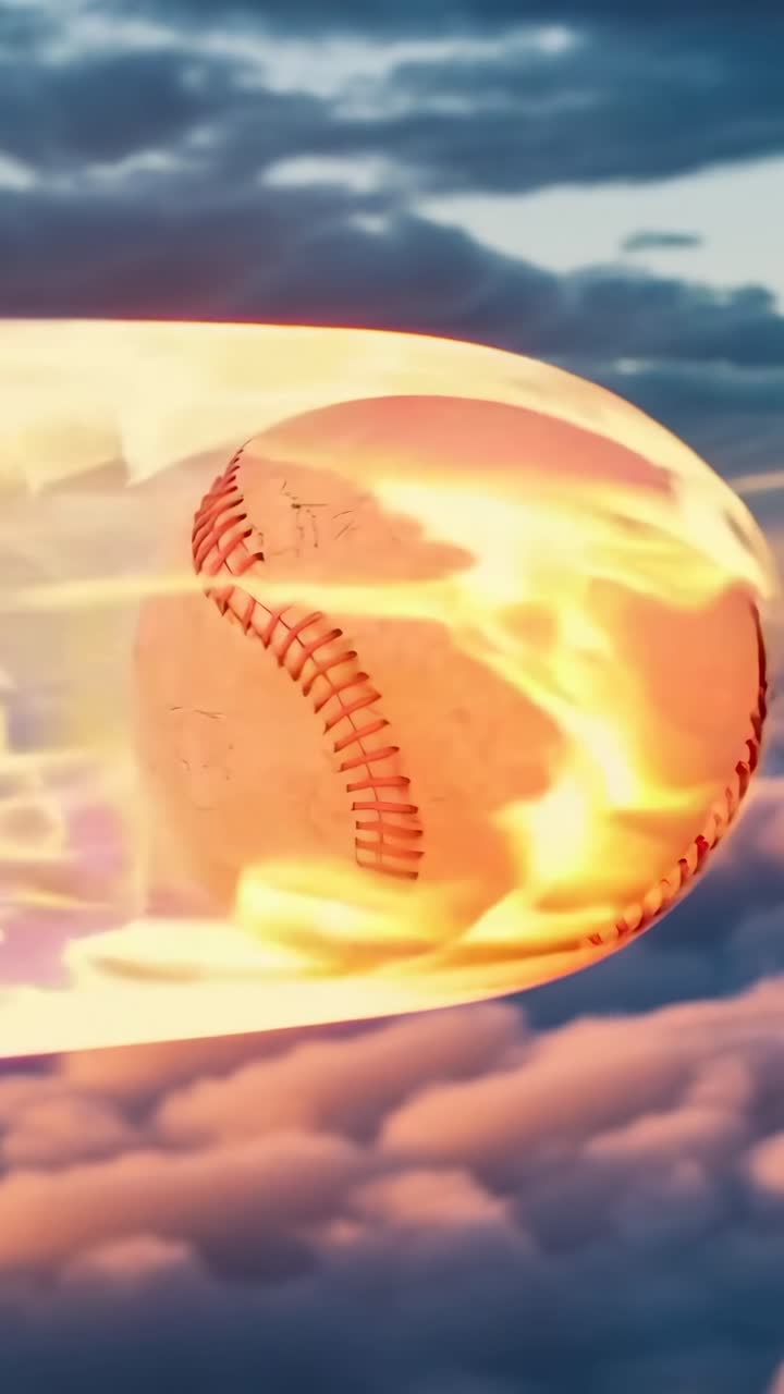 Video dinamico di una palla da baseball fiammeggiante che si libra tra le nuvole, ripreso dal basso