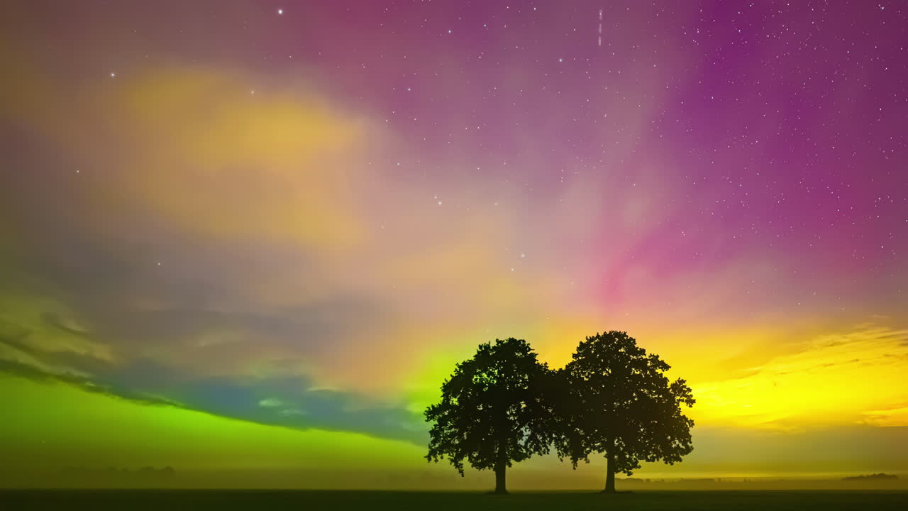 Colorful northern lights dance over two silhouetted trees on a vast landscape at night, timelapse