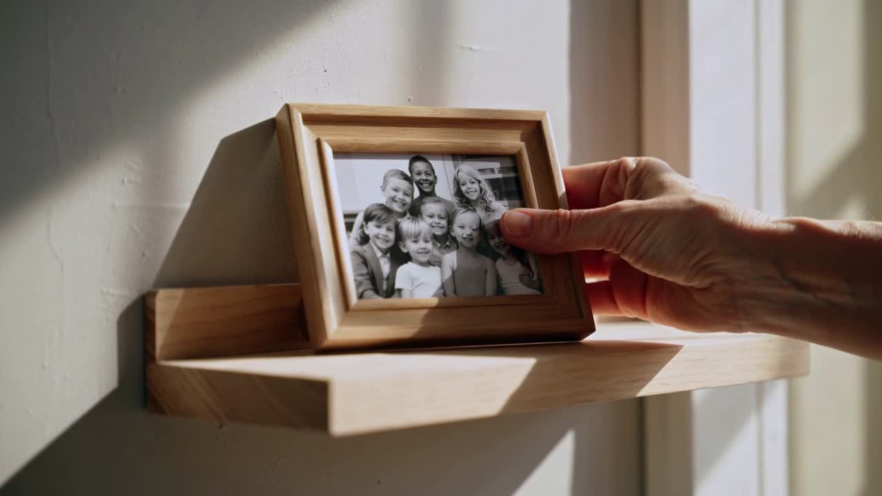 Right hand entering, placing family portrait on wood shelf, aligning frame for entryway home decor