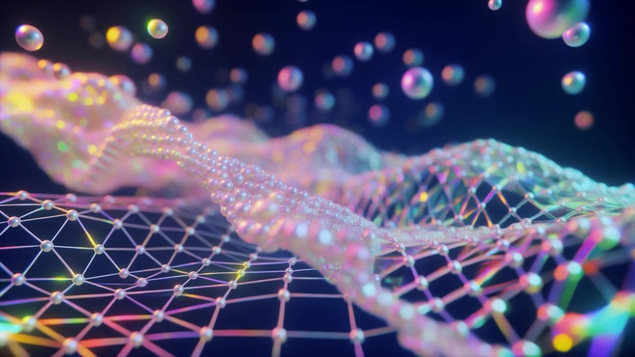 Abstract 3D Wave Mesh with Floating Iridescent Spheres