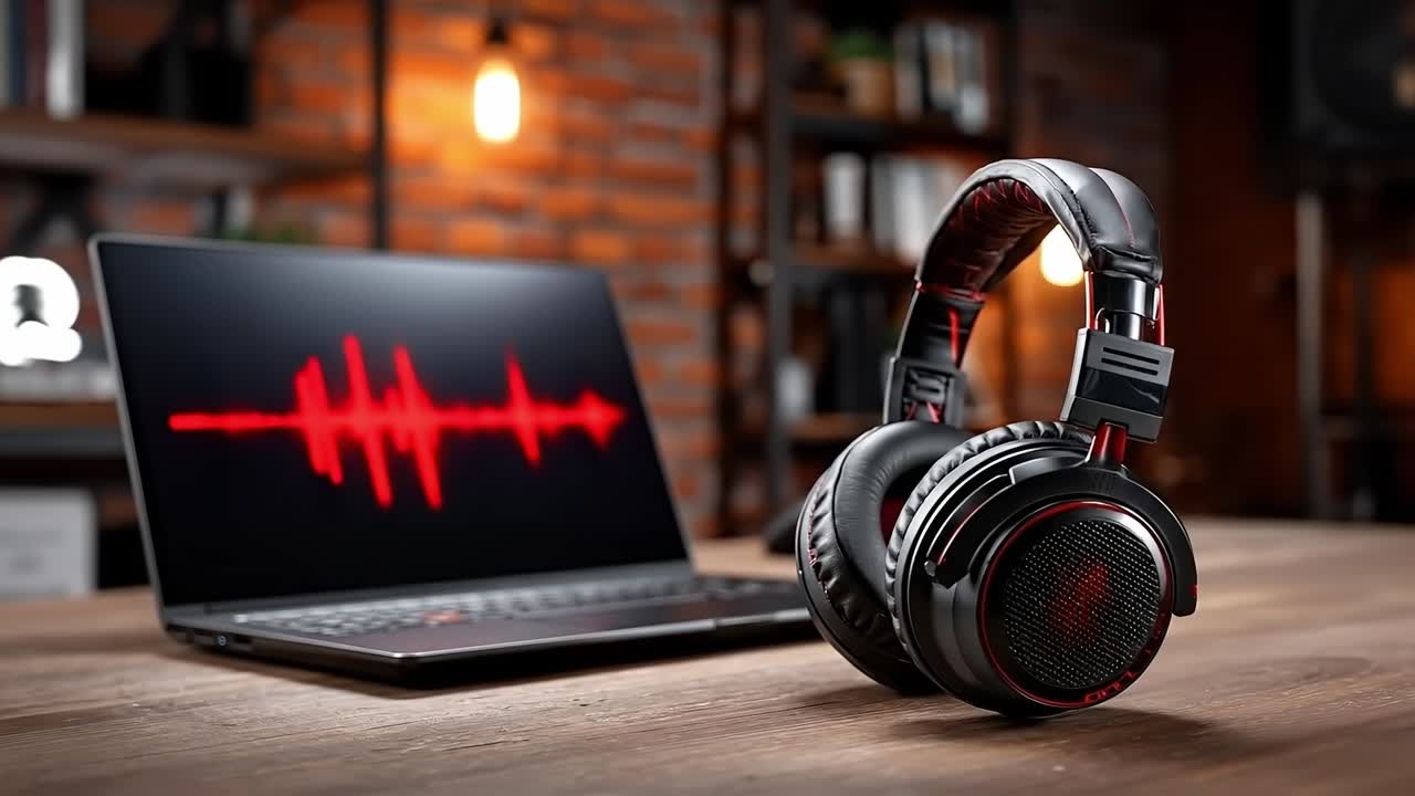 A laptop computer sitting on top of a wooden table next to a pair of headphones