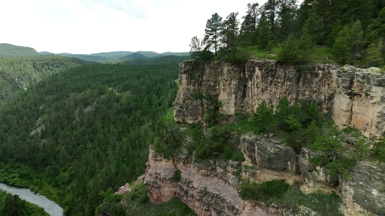 An orbiting and panning drone shot of a cliff in the forest