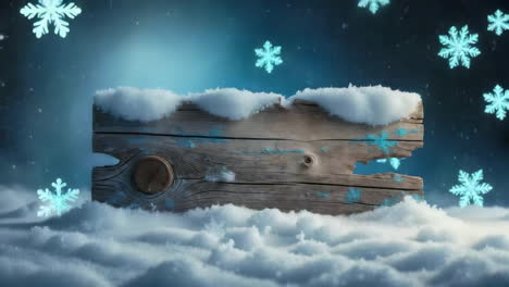 blank wooden sign in snowy winter scene with snowflakes