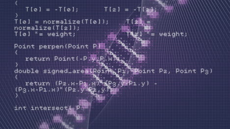 animation of dna strand spinning over digital data processing over blue background