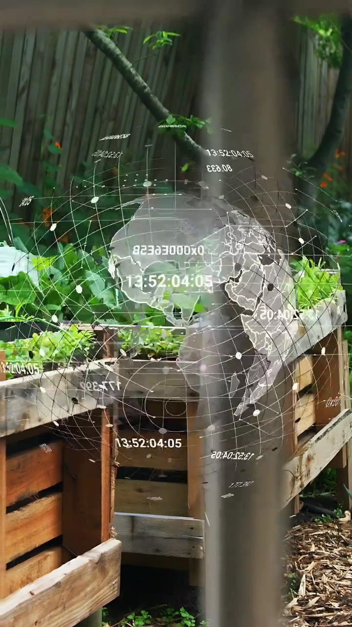 Video verticale: Aiuole rialzate statiche mentre un ologramma si materializza gradualmente, ruotando e mostrando i dati del giardino.