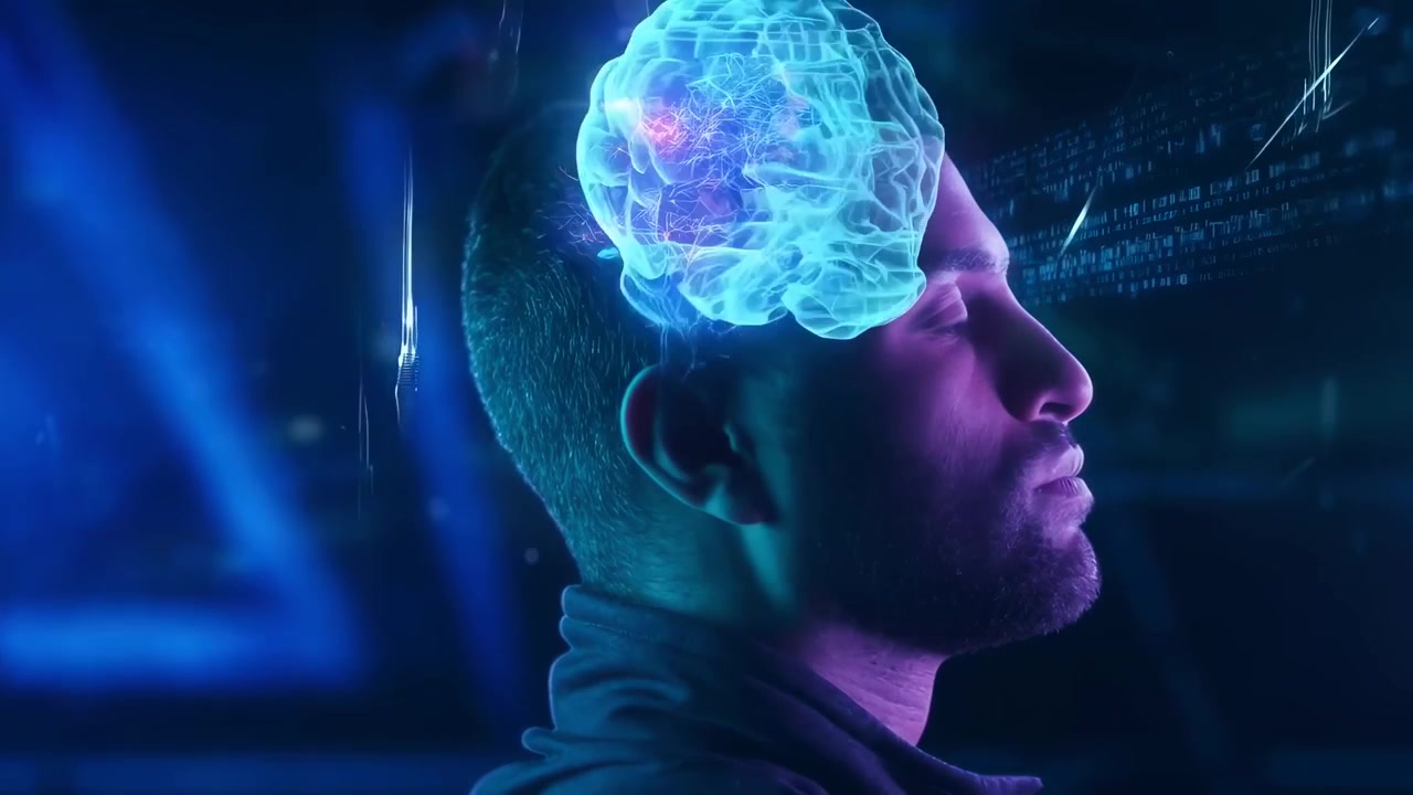 Uomo futuristico con cervello digitale e dati che scorrono
