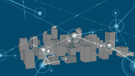 animation of network connecting dots with 3d urban city on digital interface