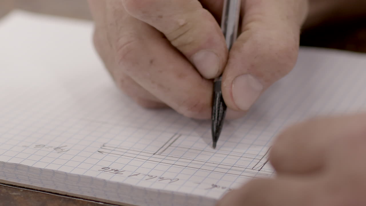 A craftsman draws plans for a construction in a notebook with a mechanical pencil, close up