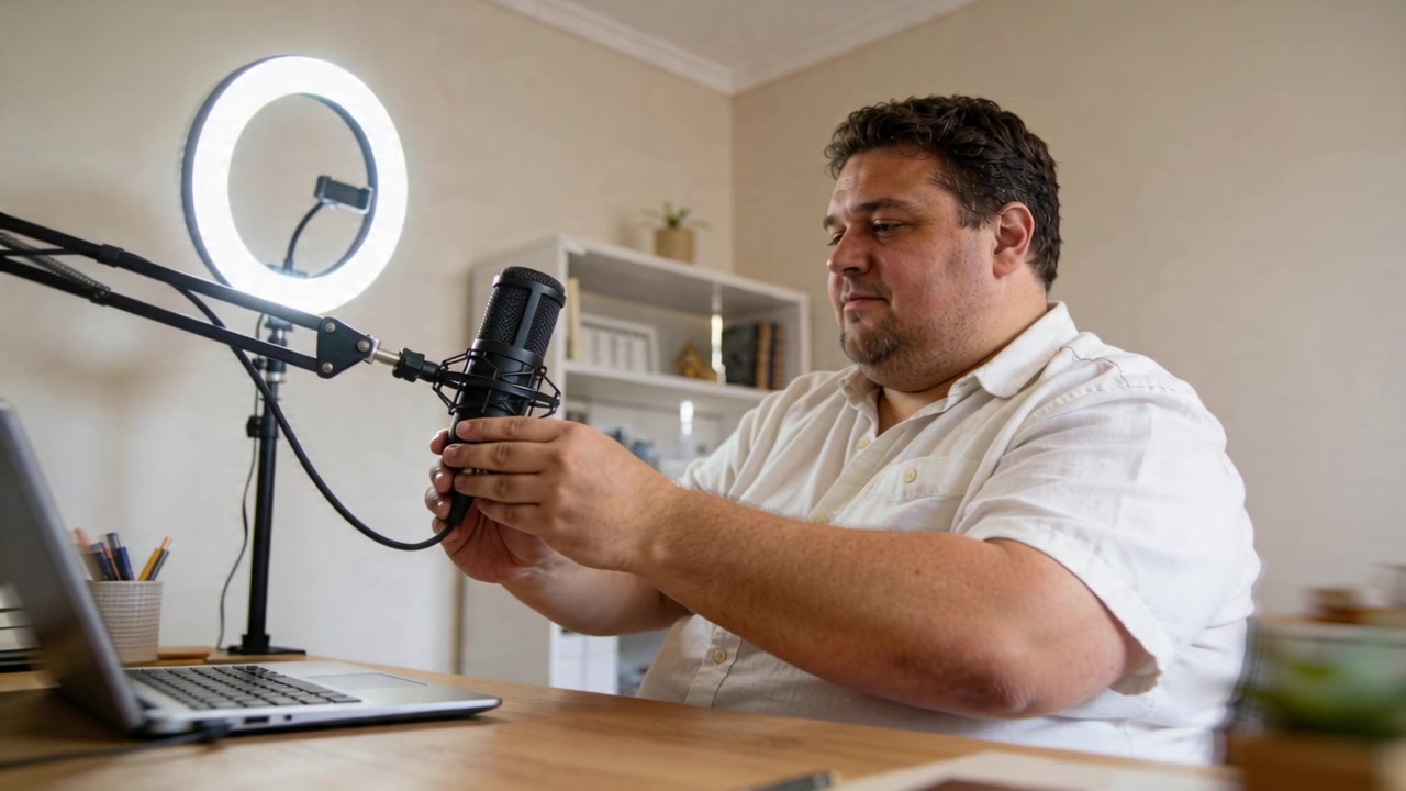Uomo che sistema la polo e prepara il microfono ad asta per la registrazione in studio, con luce ad anello che brilla, spazio per il testo.