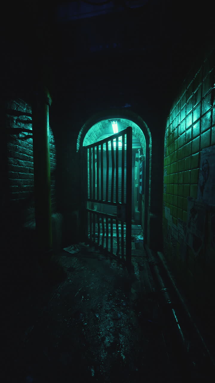 Dark tunnel with barred iron gate