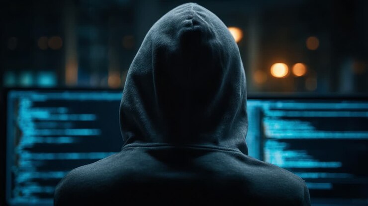 Una figura misteriosa impegnata nella manipolazione digitale: l'enigmatica presenza di un individuo incappucciato di fronte a schermi pieni di codice sotto una luce fioca