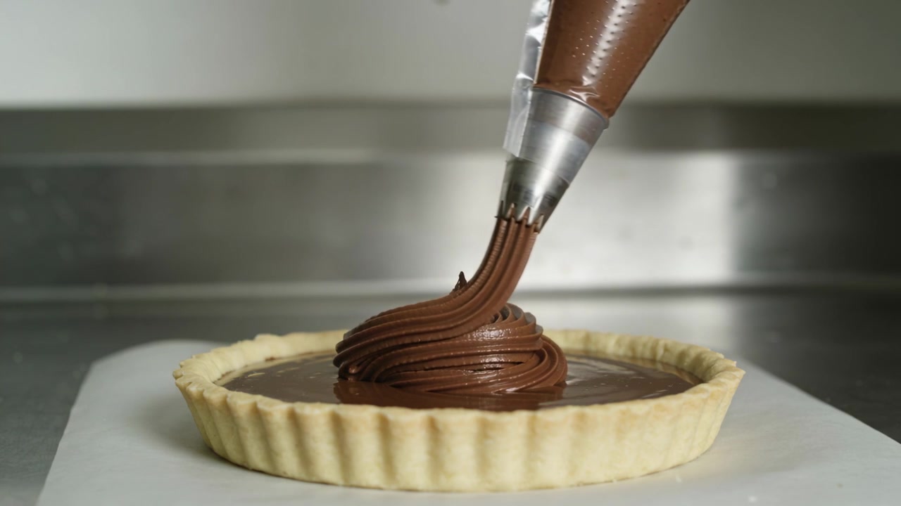 Entering piping bag dispensing thick chocolate frosting into tart at pro kitchen, decorating tart