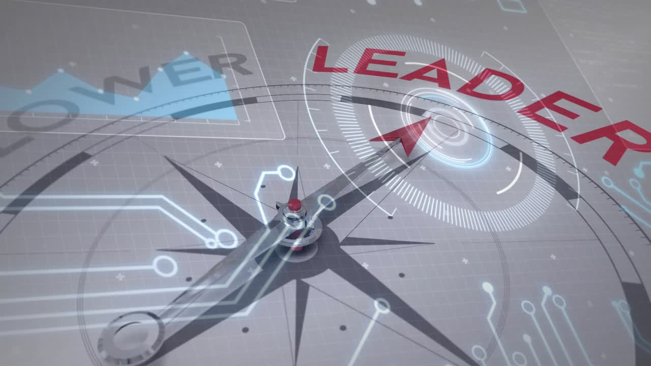 Compass opening and starting traces, rotating needle, switching text to LEADER for alignment