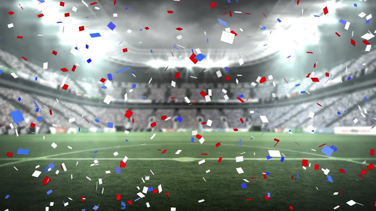 스포츠 경기장 위로 떨어지는 파란색과 빨간색 콘페티의 애니메이션