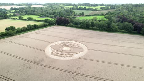 aerial view circling west meon symbolic crop circle in hampshire agricultural farmland countryside