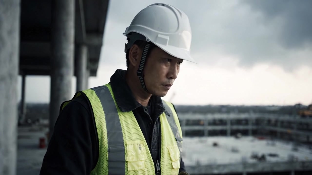 Un operaio edile si prepara per le mansioni in un cantiere sul tetto che si affaccia su un edificio incompiuto, con cieli coperti e un paesaggio industriale circostante.