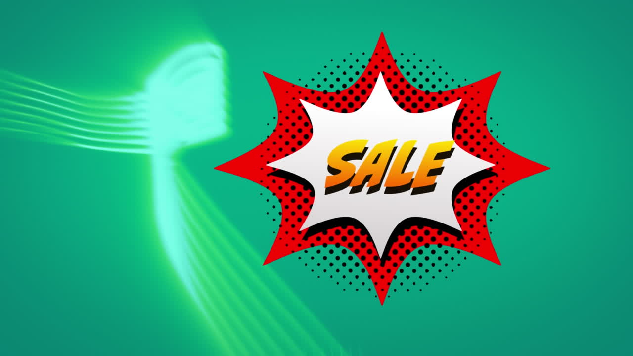 녹색 배경의 디지털 파도에 대한 레트로 음성 거품에 대한 판매 텍스트