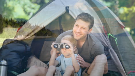 father and child camping with binoculars over scenic lake and forest animation