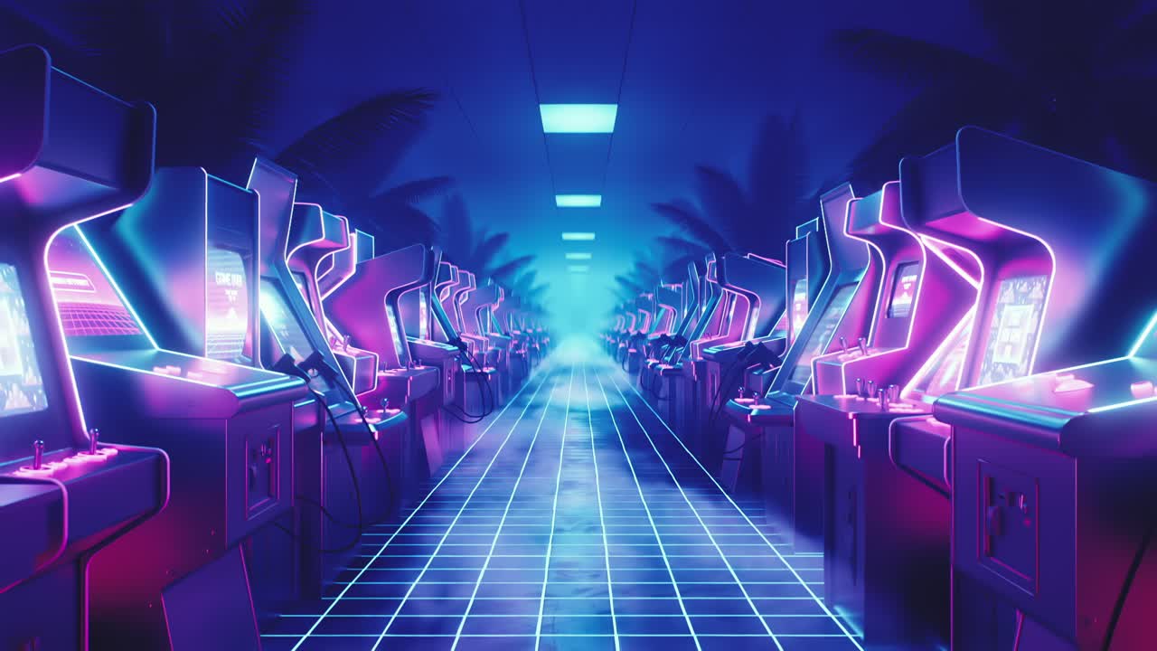 레트로 웨이브 스타일의 네온 아케이드 복도 루프