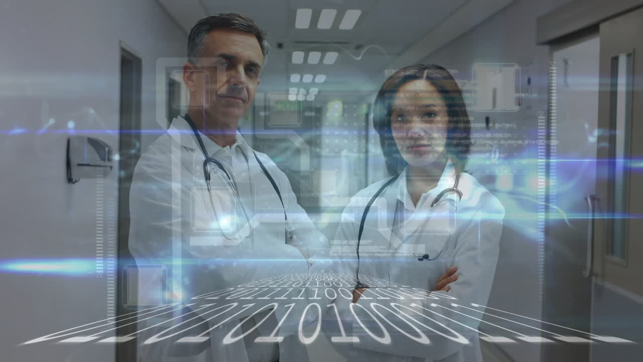 animación del procesamiento de datos sobre diversos médicos sonriendo