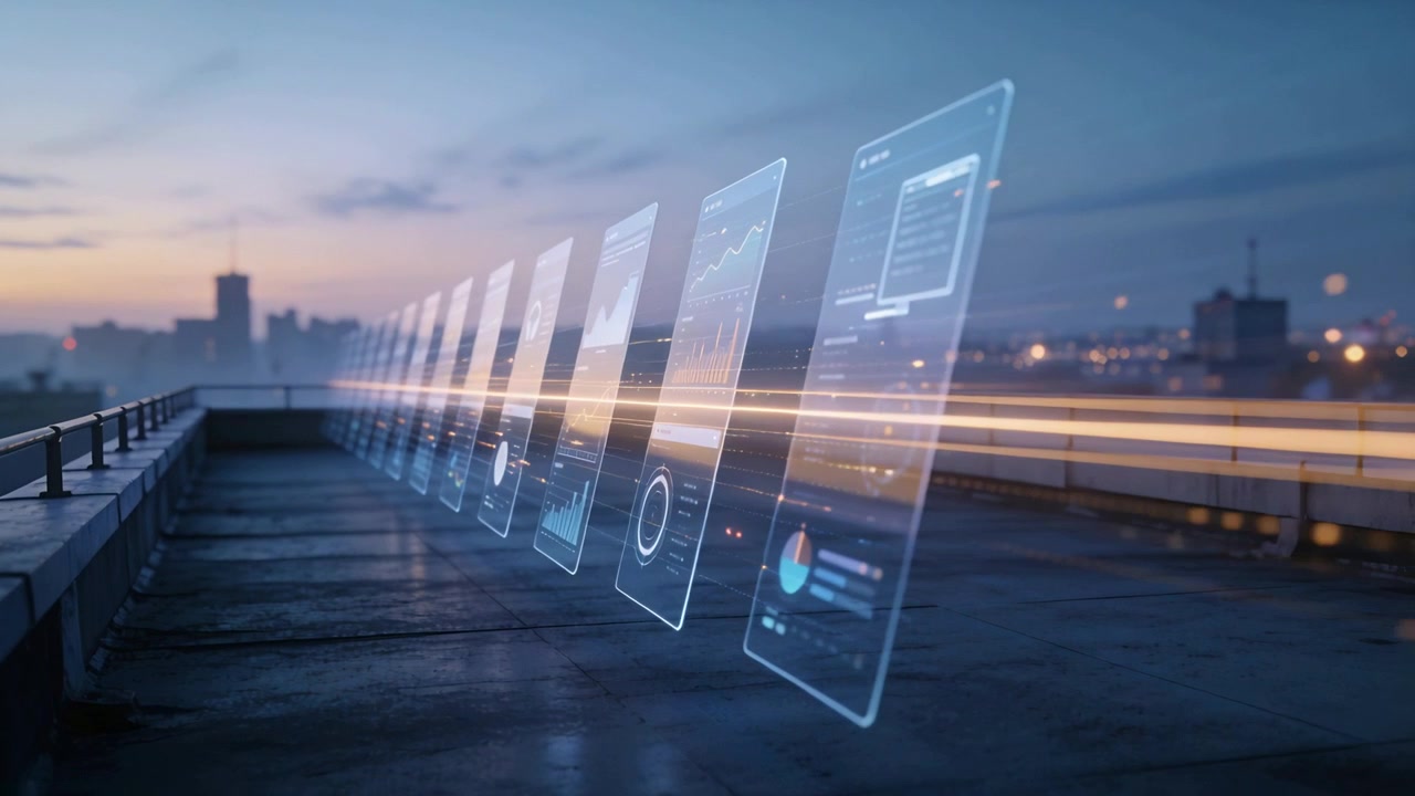 Appearing warm light streak lighting holographic panels on rooftop at dusk highlighting charts