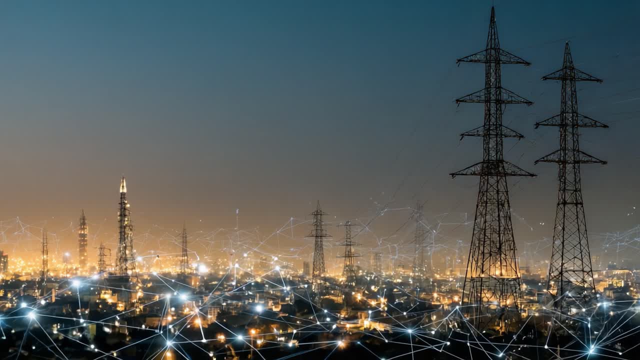Uma Paisagem Urbana Dinâmica à Noite: Linhas de Energia e Redes Urbanas Iluminadas por Luzes Vibrantes da Cidade e Tecnologia Interconectada