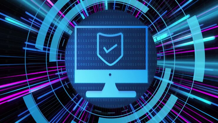 Animation of scope and computer with ceber security icons over pink and blue neon light trails